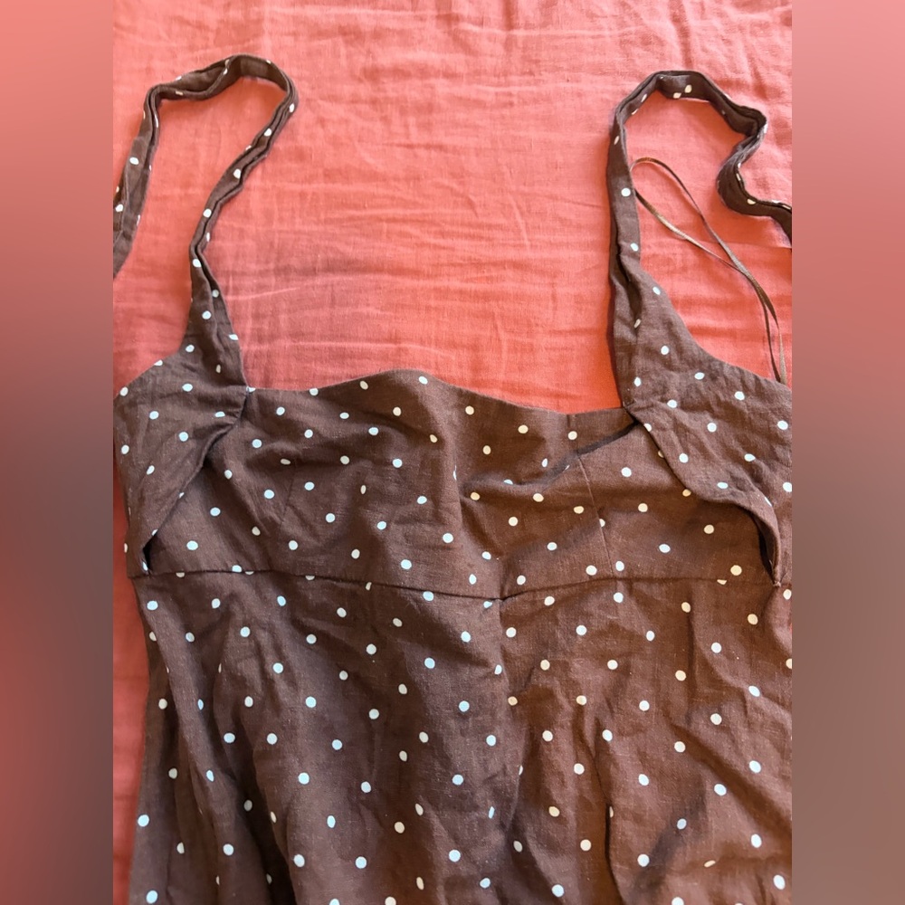 Zara brown linen polka dot halter midi dress - Picture 4 of 6
